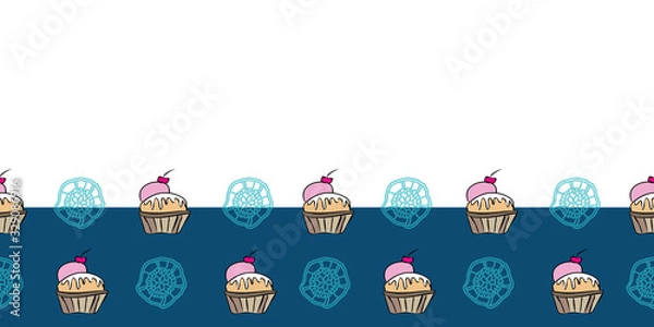 Obraz Ice Cream and Lace Border-Sweet Dreams seamless repeat pattern. Cherry, ice cream and lace shapes border in pink, white,blue and brown. Fun pattern, perfect for fabric, scrapbook, wallpaper.