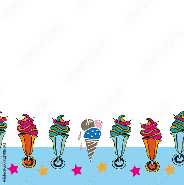 Obraz Sundae Dessert Border-Sweet Dreams seamless repeat pattern illustration. 60 s style in pink, blue,orange,green, red, and cream