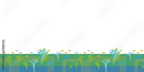 Obraz Abstract Fern Border-Virgin Forest seamless repeat pattern Pattern illustration borderof modern fern shapes and rectangle outlin in green blue and orange. Perfect for fabric, scrapbook, wallpaper.
