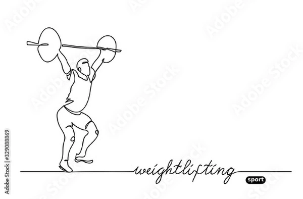 Fototapeta Weightlifting competition. Vector minimalistic banner. weightlifting sport event. One continuous line drawing.