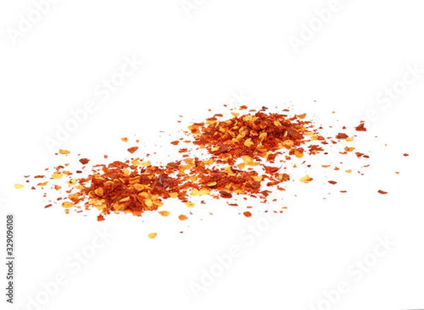 Fototapeta dried chili flakes and seeds isolated on white background, top view