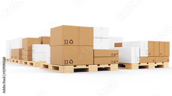 Fototapeta Cardboard boxes on wooden pallets isolated on a white background. Cardboard boxes for the delivery of goods. Packages delivery, parcels transportation system concept, 3D illustration