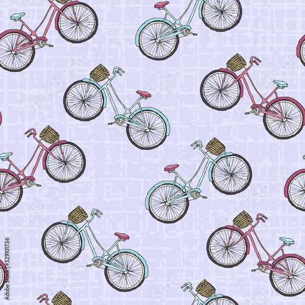 Fototapeta vintage bikes on abstract purple background seamless pattern, editable vector illustration for decoration, fabric, textile, paper, wallpaper