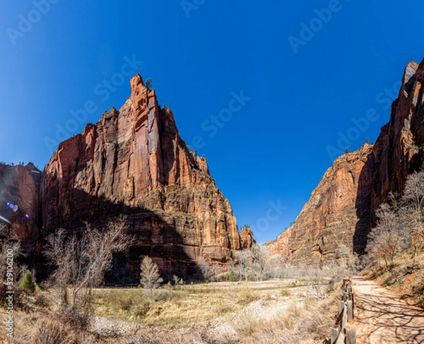 Fototapeta Impression from Virgin river walking path in the Zion National Park in winter