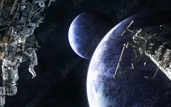 Fototapeta Space station, astronaut on background of planets in deep space. Science fiction. Elements of this image furnished by NASA