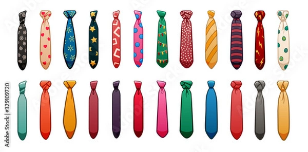 Fototapeta Twenty four neckties of different colors and patterns set on white background