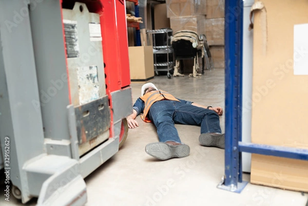 Fototapeta Unconscious Supervisor On Floor At Factory
