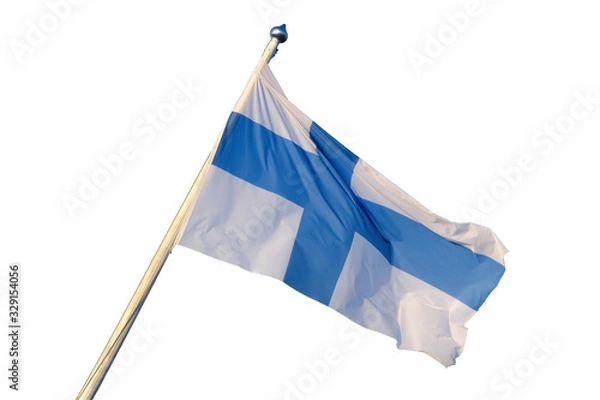 Fototapeta Finland national flag waving on the wind, isolated on white background. Finnish flag on flagpole,