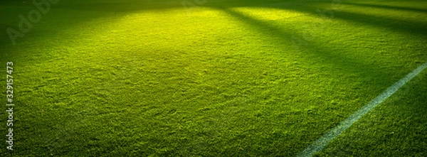 Fototapeta Side lines panorama of an empty green sports field before a game
