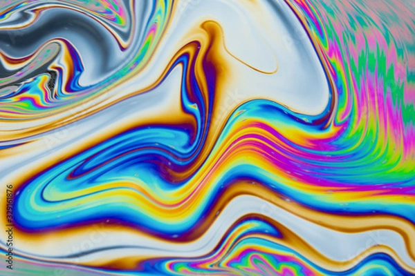 Obraz Psychedelic abstract background. Photo macro shot with light interference on the surface of a soap bubble