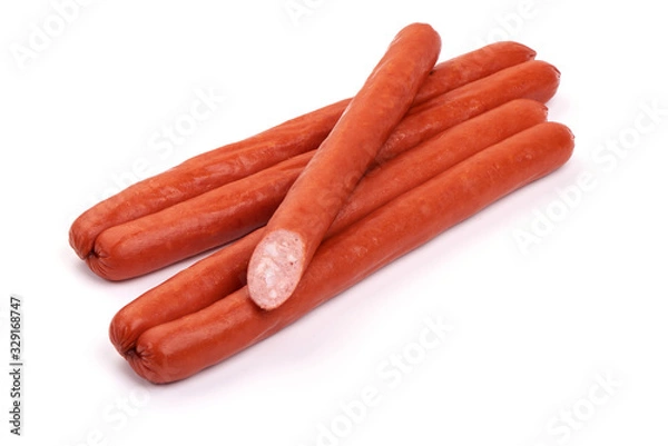 Fototapeta Thin Smoked Sausages, isolated on white background