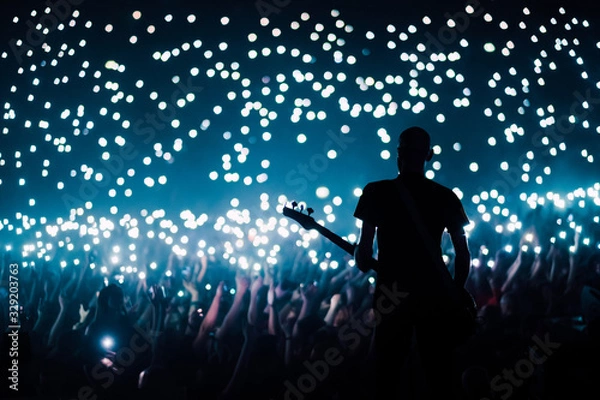 Obraz Gitarzysta basowy gra dla tłumu na dużym stadionie z włączonymi światłami telefonów komórkowych podczas balladowej piosenki