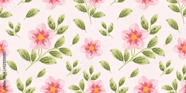 Obraz Seamless pattern with rose flowers and leaves. Hand drawn repeat background. floral pattern for wallpaper or fabric. Pink rosa canina botanic tile.
