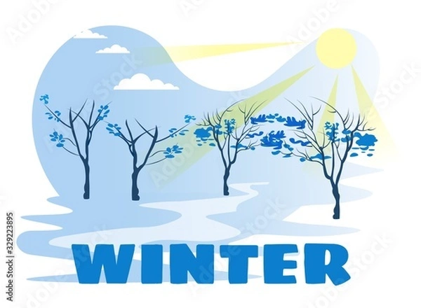 Fototapeta Winter Presentation Banner with Natural Design. Sunny, Snowy Weather. Forest or Woodland Landscape. Trees under Show Cover. Merry Christmas, Happy New Year Template. Vector Cartoon Flat Illustration