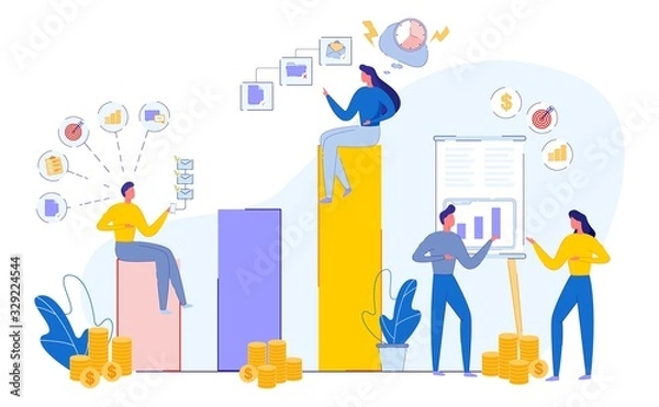 Obraz Business Infographic with Financial Development. Man Sits on Diagram Column with Smartphone, Icons Task and Goal. Girl Have Deadline, FІolder, Document, Letter. Сouple Discuss Indicators. Сoins, Money