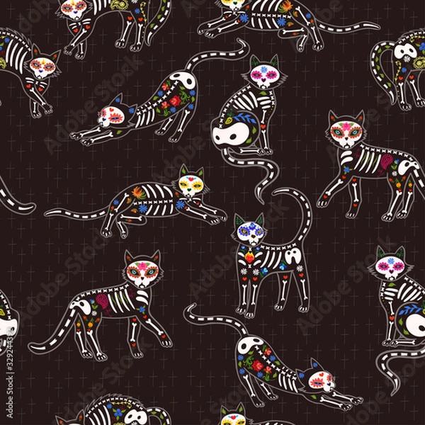 Fototapeta Seamless pattern of cats of the day of the dead. Vector graphics.