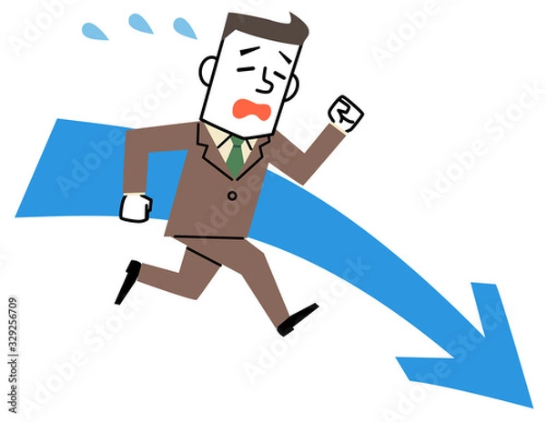 Fototapeta 汗をかきながら走るビジネスマンと下向きの矢印