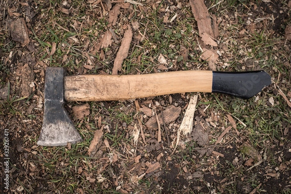 Fototapeta Old used axe after work