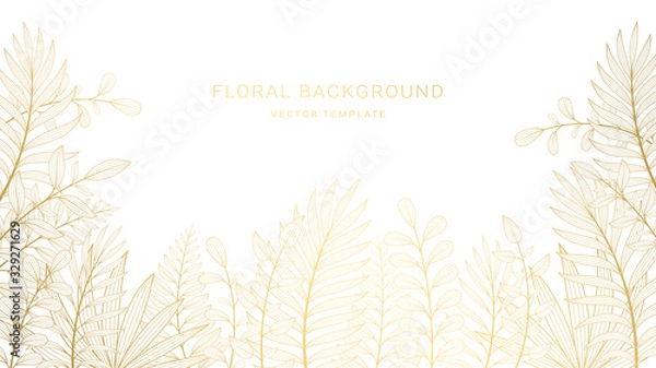 Obraz Vector background with space for text and golden elegant plants and leaves in graphic line art style. Design template for greeting cards, posters, banners, horizontal format. 