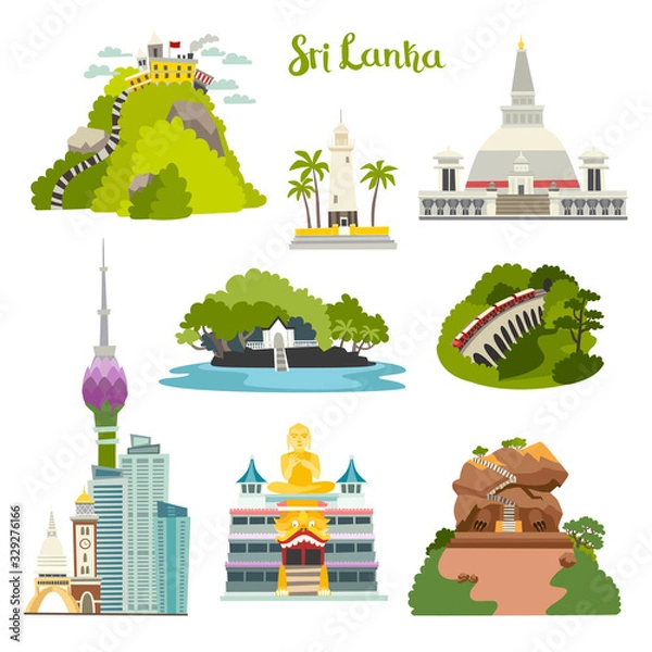 Fototapeta Sri Lanka island vector illustration collection.Ceylon architecture.Colombo skyline,Sigiria and Nine arches bridge. Buddhist stupa temple.Galle lighthouse Adam's Big Peak.Cartoon set isolated on white