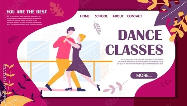 Fototapeta Dance Classes Banner. Couple Man Woman in Dancing School Vector Illustration. Salsa Teaching, Tango Practice, Waltz Lessons. Dancer Training. Choreography Learning. Active Hobby Leisure