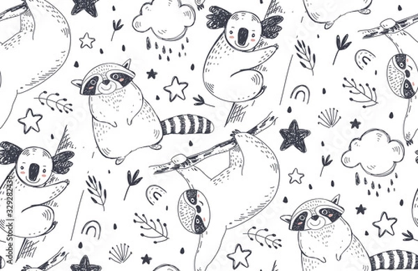 Fototapeta Vector seamless pattern with hand drawn animals. Black and white endless background.