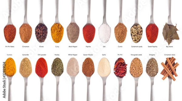 Fototapeta Kolekcja przypraw na łyżkach