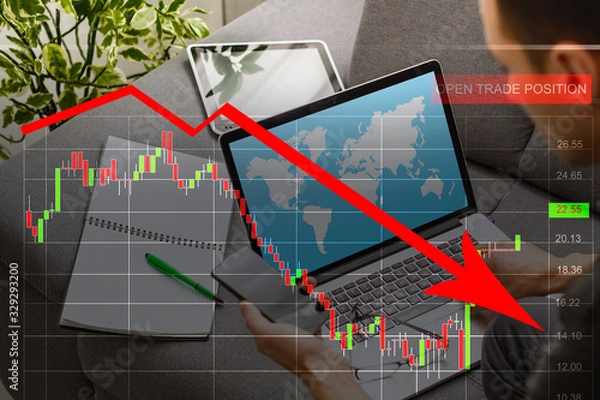 Obraz The economic crisis of 2020. Red arrows fall to the ground, indicating the economic recession that will occur in 2020.