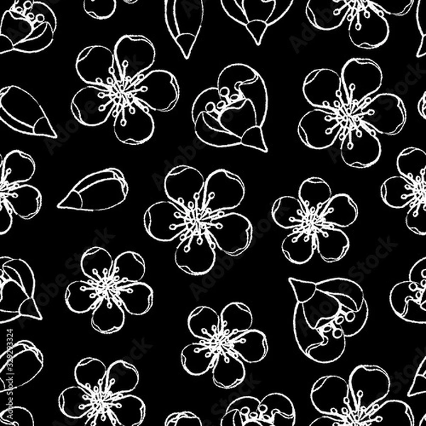 Fototapeta Seamless pattern of white sakura or cherry flower on black background. Intermittent line -  imitation hand draw with chalk or pen. Texture in doodle and minimalism style. 