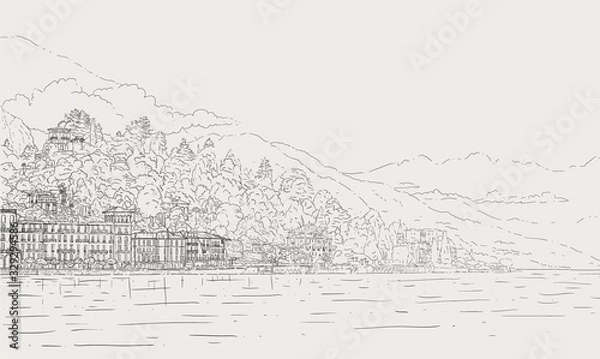 Fototapeta Vector hand drawn sketch style outline illustration of italian Como lake landscape. Romantic background for invitations, banners and cards.