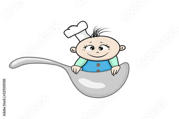 Fototapeta A cute smiling child, with funny ears and a bangs, in a chef's hat peeks out of a soup ladle.