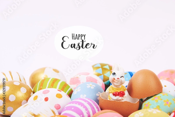 Obraz Happy easter handmade eggs colored painted various pattern with cute bunny  and space text