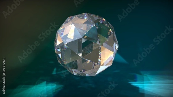 Fototapeta Transparent crystal sphere on dark blue background with reflections. 3D render
