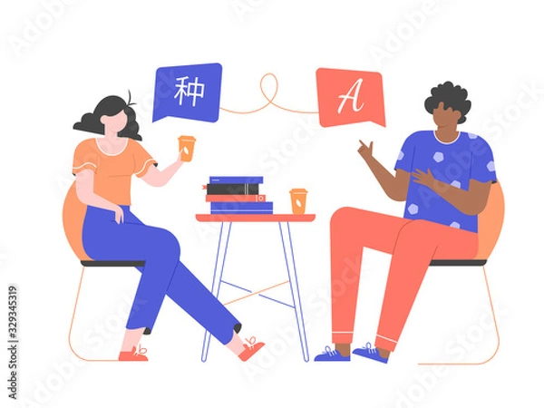 Obraz Guy and girl students learn a foreign language. Language exchange, education and courses. People of different nationalities are sitting on chairs at the table with a stack of books. Vector flat.