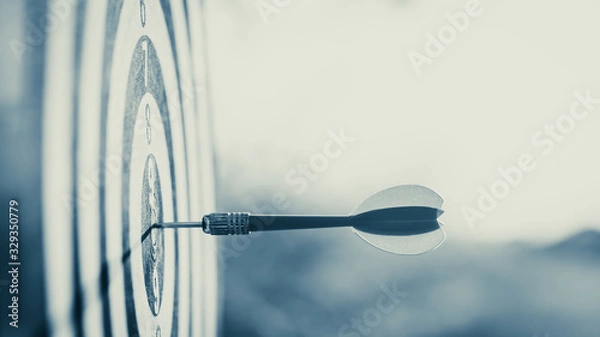 Obraz Close up red dart arrow hitting target center dartboard on sunset background. Business targeting and focus concept.