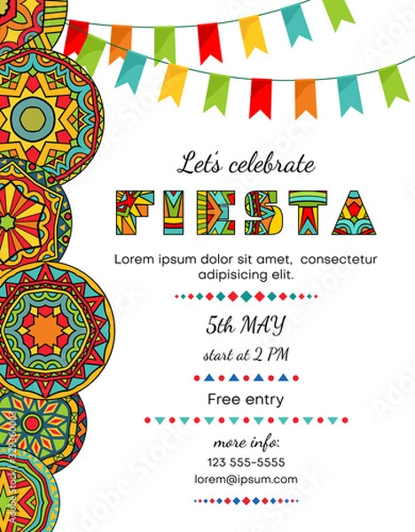 Fototapeta Lets celebrate fiesta announcing poster template with festive decorative elements.
