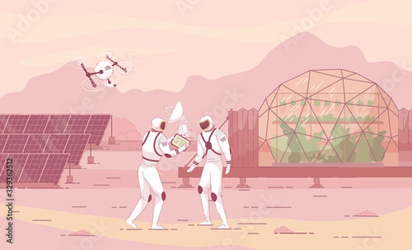 Fototapeta Informational Flyer, Colonization New Planet. Creation Autonomous Human Settlements other Planets. People in Spacesuits are Discussing against Background Solar Panels, Greenhouse, Flying Drone.