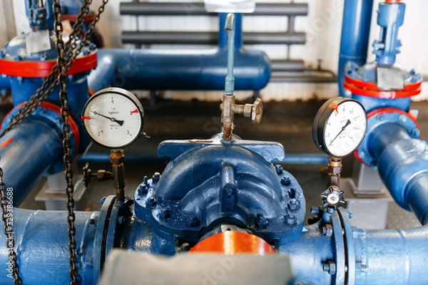 Fototapeta Pressure gauge, a measuring device on a pipeline, water, oil or gas