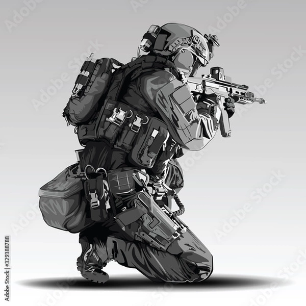 Fototapeta Vector Policeman Tactical Shoot Illustration. Armed police military preparing to shoot with automatic rifle.