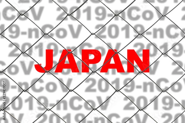 Fototapeta The inscription in red letters "Japan" on background of inscriptions "2019-nCoV" behind the fence