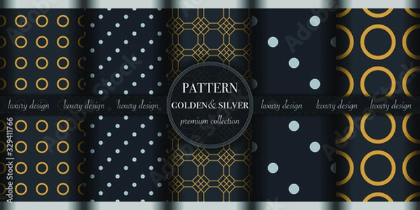 Fototapeta Set of 5 golden and silver luxury geometric pattern background. Abstract line, polka dot retro style vector illustration for wallpaper, flyer, cover, design template. minimalistic ornament, backdrop.