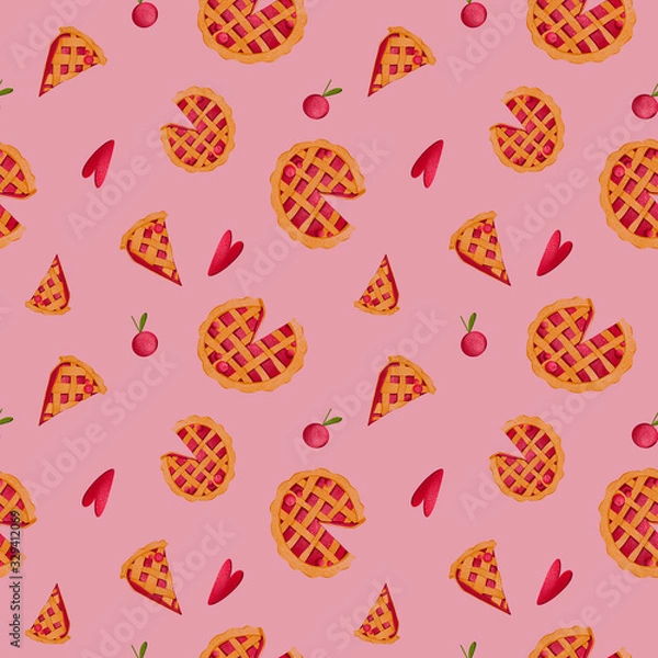 Fototapeta Cute red cherry pie digital art textural seamless pattern on pink background. Print for fabrics, packaging bags, paper, boxes, cards, invitations, banners, posters, stationery.