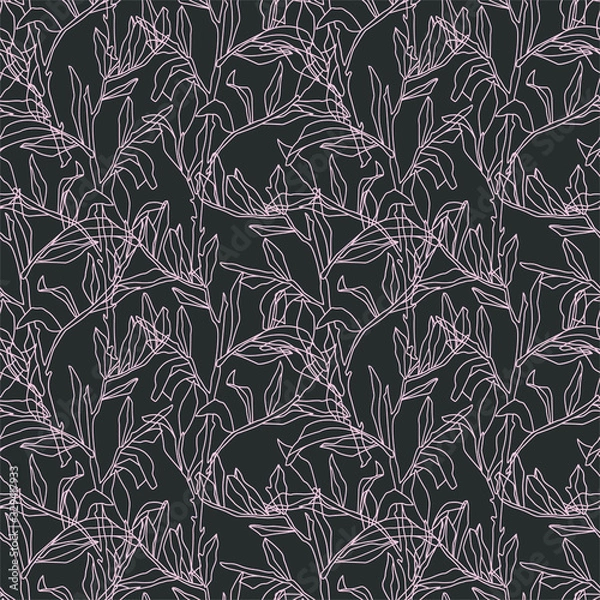 Obraz Vector seamless botanical pattern on dark background. Graphic linear branches. Modern minimalistic texture. For wallpaper design, fabric, textile, cover, poster. Spring floral pattern.