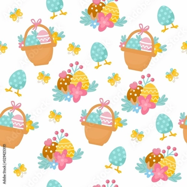 Fototapeta Happy Easter seamless pattern. Easter eggs, butterfly, easter basket illustration. Background for fabric print, texture and wrapping paper.