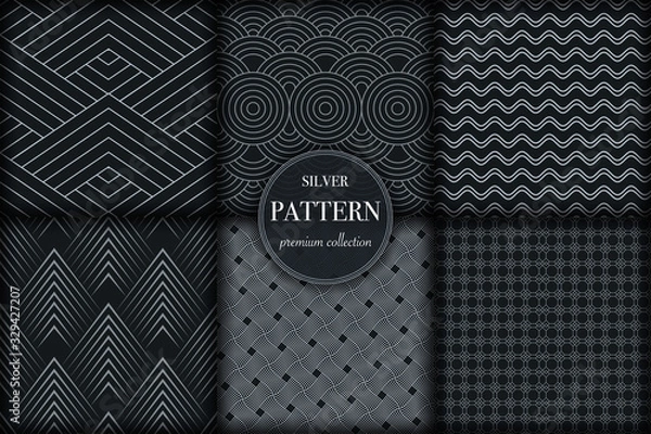 Fototapeta Set of 6 silver grayscale luxury geometric pattern background. Abstract line, dot retro style vector illustration for wallpaper, flyer, cover, banner, design template. minimalistic ornament, backdrop