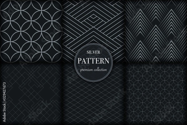 Fototapeta Set of 6 silver grayscale luxury geometric pattern background. Abstract line, dot retro style vector illustration for wallpaper, flyer, cover, banner, design template. minimalistic ornament, backdrop