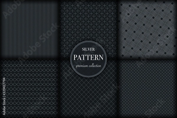 Fototapeta Set of 6 silver grayscale luxury geometric pattern background. Abstract line, dot retro style vector illustration for wallpaper, flyer, cover, banner, design template. minimalistic ornament, backdrop