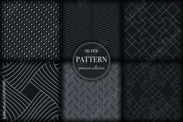 Fototapeta Set of 6 silver grayscale luxury geometric pattern background. Abstract line, dot retro style vector illustration for wallpaper, flyer, cover, banner, design template. minimalistic ornament, backdrop