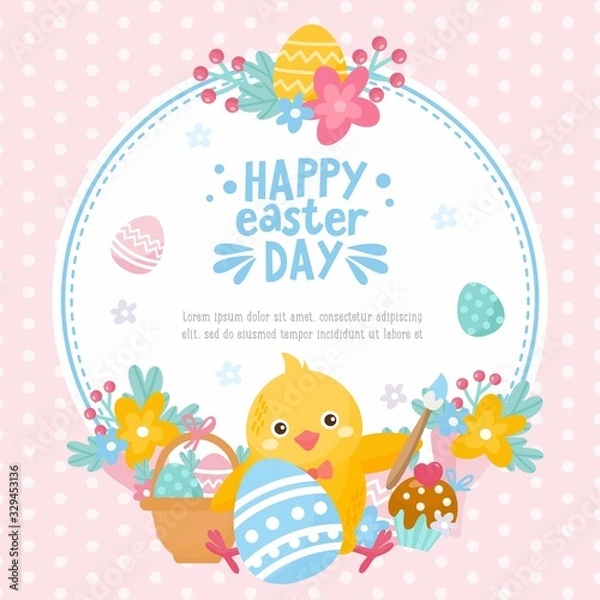 Fototapeta Happy Easter Day card. Illustration with easter eggs, little chicken, spring bouquet and holiday elements. Creative frame for your design.