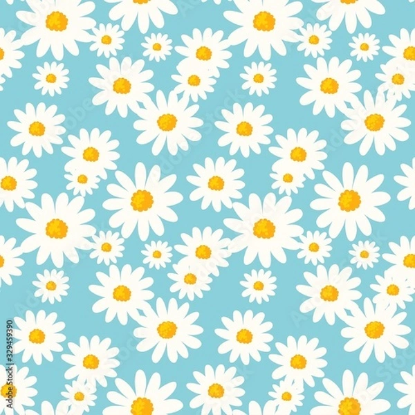 Fototapeta Daisy flower seamless pattern on blue background. Ditsy floral print with tiny chamomile great for fashion fabric, home decor textile and wallpaper.